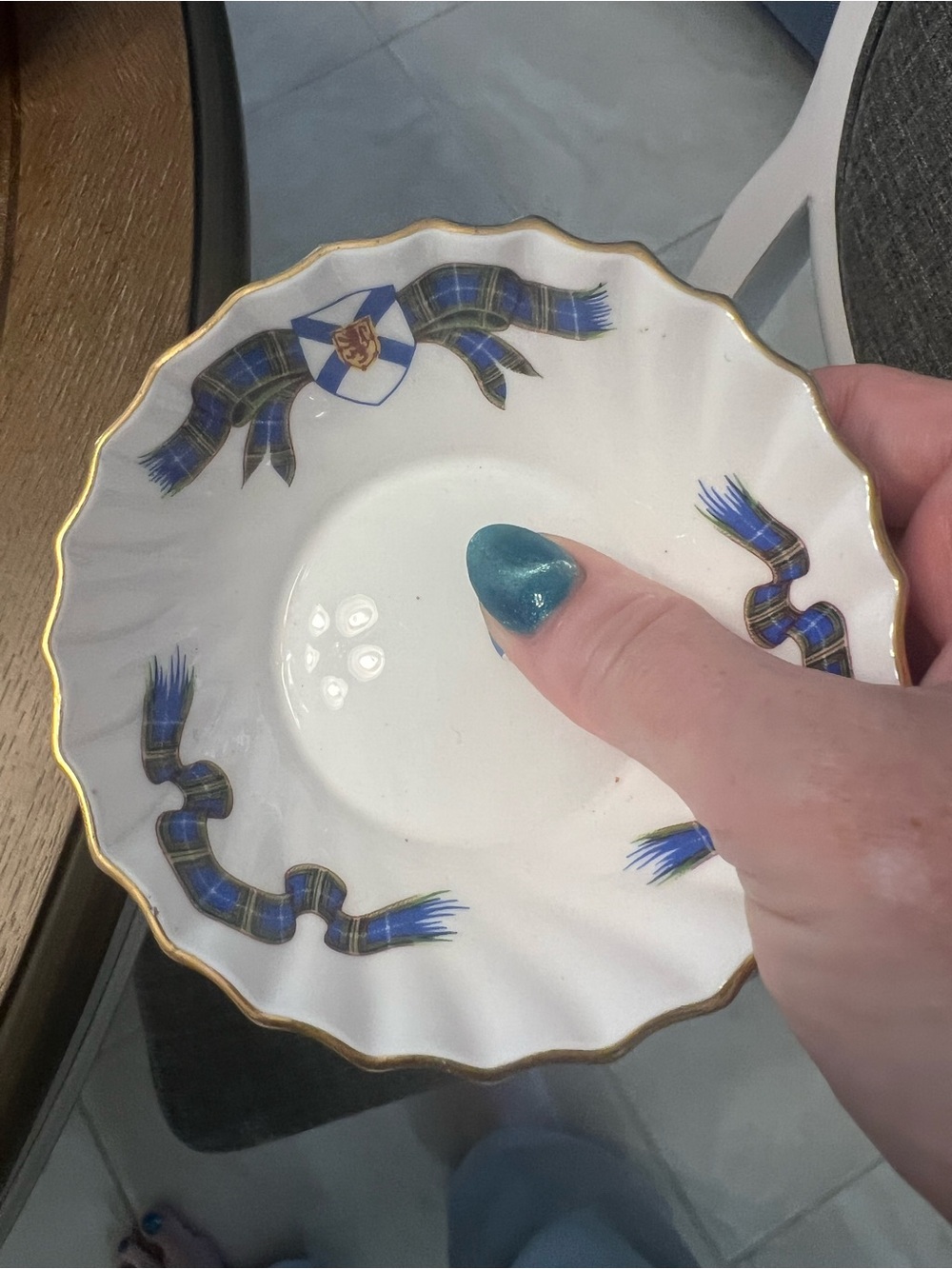 Royal Adderley Porcelain Saucer with Blue Tartan Ribbon and Gold Trim